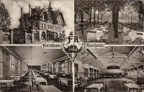 Ak Raschwitz Markkleeberg in Sachsen, Forsthaus  Garten, Saal, Colonnade