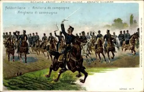 Künstler Litho Schweizerische Armee, Feldartillerie, Soldaten zu Pferden