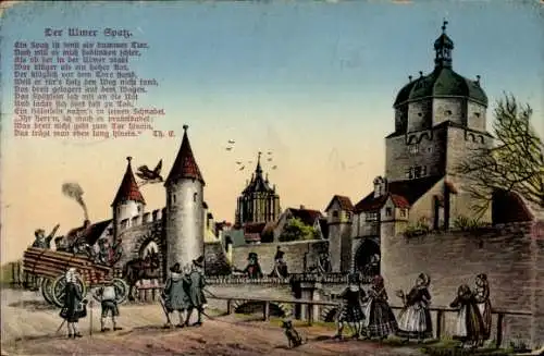 Künstler Ak Flock, Therese, Ulm an der Donau Baden Württemberg, Partie an der Mauer, Der Ulmer Spatz