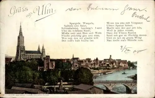 Litho Ulm Donau, Blick zum Münster, Ort, 1898