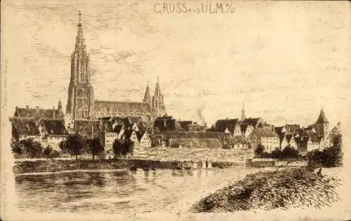 Künstler Ak Ulm an der Donau, Gesamtansicht der Stadt mit Fluss