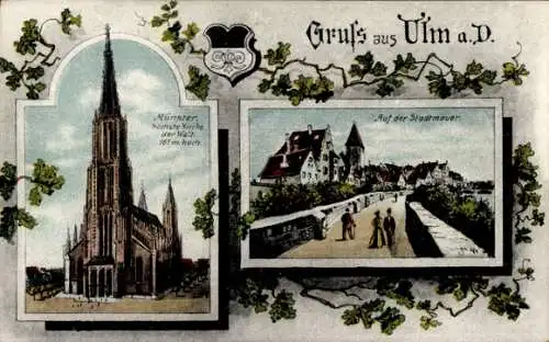 Passepartout Ak Ulm an der Donau, Münster, Stadtmauer