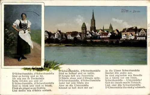 Ak Ulm an der Donau, Totalansicht, Kirchturm, Frau, Tracht