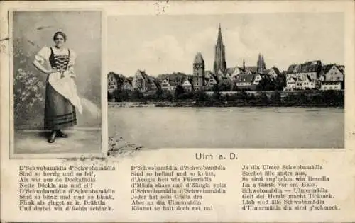 Gedicht Ak Ulm an der Donau, Stadtbild, Schwäbin in Tracht
