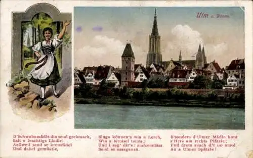 Gedicht Ak Ulm an der Donau, Stadtbild, Schwäbin in Tracht