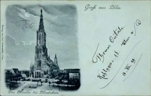 Mondschein Ak Ulm an der Donau, Münster bei Nacht
