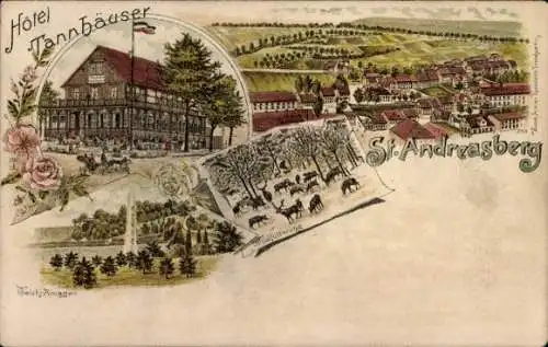 Litho St. Andreasberg Braunlage Harz, Hotel Tannhäuser, Gesamtansicht, Teichanlagen, Wildfütterung