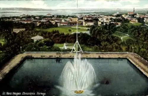 Ak Christiania Oslo Norwegen, St Hans Haugen, Panorama, Fontäne