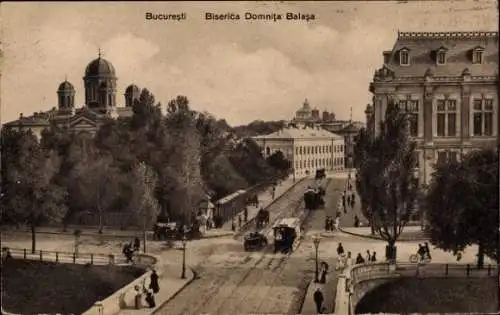 Ak Bukarest Rumänien, Biserica Domnita Balasa, Straßenbahnen