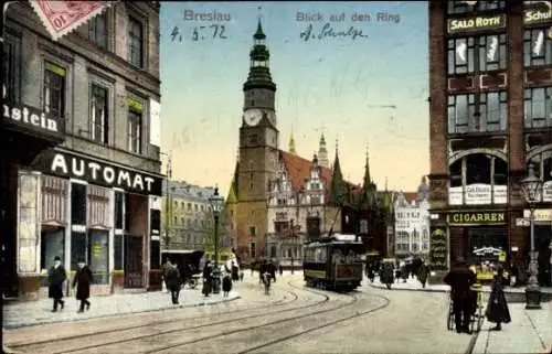 Ak Wrocław Breslau Schlesien, Blick auf den Ring, Straßenbahn, Automatenrestaurant, Salon Roth