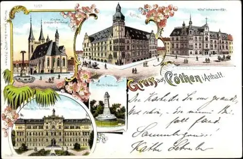 Litho Köthen in Anhalt, Kirche, Kriegerdenkmal, Rathaus, Hotel schwarzer Bär, Bach Denkmal