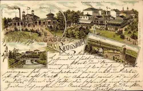 Litho Königsborn Unna im Ruhrgebiet, Kurhaus, Theater, Kurgarten, Badehaus, Gradierwerk, Teich