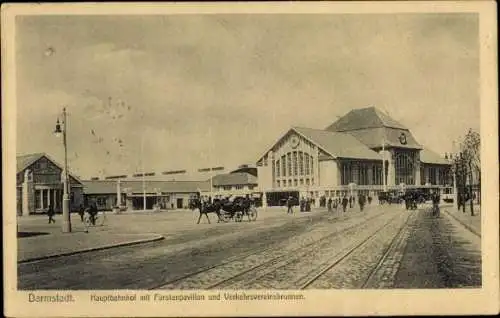 Ak Darmstadt in Hessen, Hauptbahnhof, Fürstenpavillon und Verkehrsvereinsbrunnen