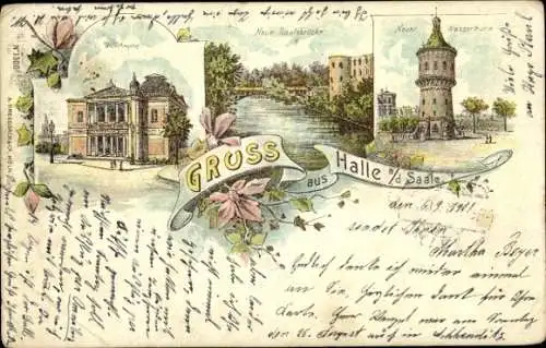 Litho Halle an der Saale, Saalebrücke, Wasserturm