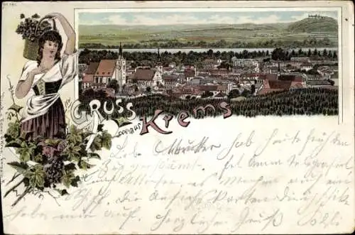 Litho Krems an der Donau Niederösterreich, Gesamtansicht, Frau in Tracht