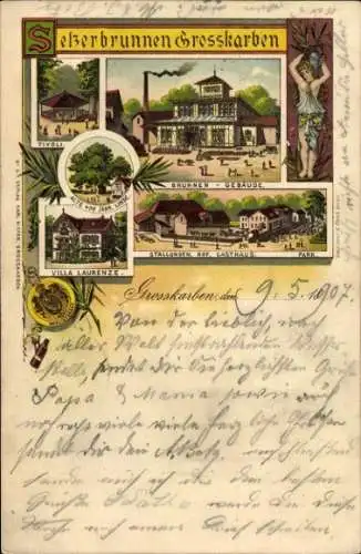 Litho Groß Karben in Hessen, Selzerbrunnen, Brunnen-Gebäude, Villa Laurenze