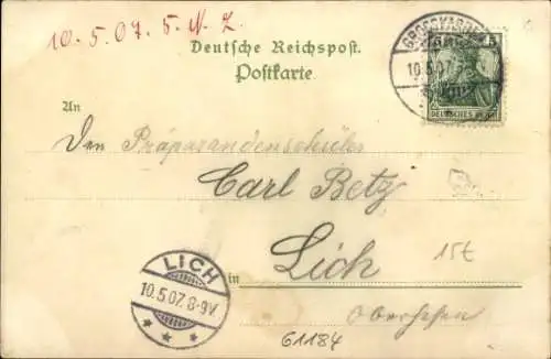 Litho Groß Karben in Hessen, Selzerbrunnen, Brunnen-Gebäude, Villa Laurenze