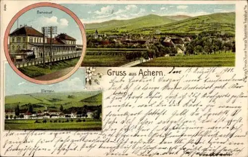 Litho Achern in Baden Schwarzwald, Bahnhof, Illenau, Landschaft, Postkarte, Gruß aus  15. August ...