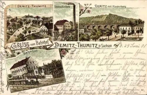 Litho Demitz Thumitz in Sachsen, Bahnhof, Klosterberg, Steinschleiferei
