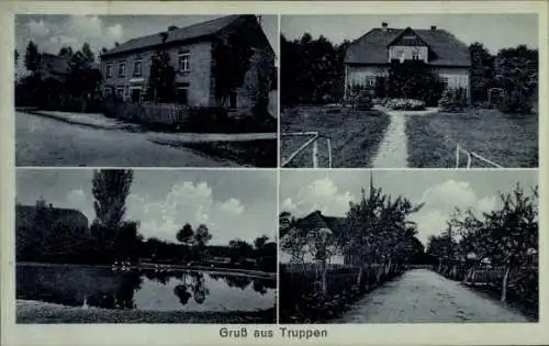 Ak Truppen Königswartha in der Oberlausitz, Vier Ansichten, Häuschen, Teich, Weg, Wolken, Gruß...
