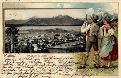 Passepartout Ak Prien am Chiemsee, Panorama, Bauern in Tracht