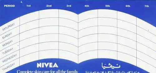 Stundenplan Reklame Nivea aus Oman/Bahrain, 1984