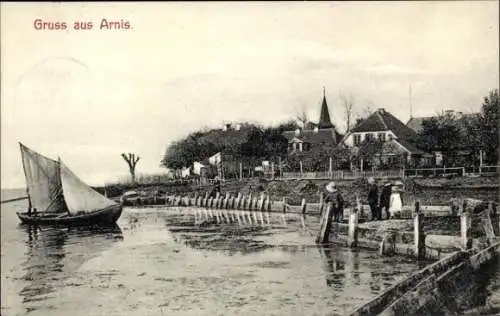 Ak Bad Arnis an der Schlei, Uferpartie, Segelboot