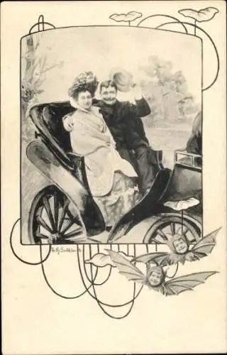 Jugendstil Passepartout Ak Liebespaar in der Kutsche