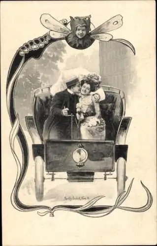 Jugendstil Passepartout Ak Liebespaar im Auto