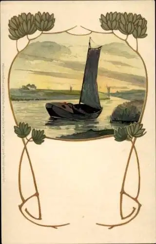 Jugendstil Künstler Litho Segelboot auf dem Wasser