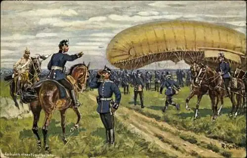 Künstler Ak Knötel, R., Wiederholen eines militärischen Fesselballons, Reiter