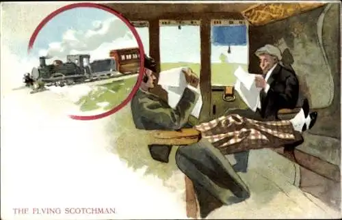 Litho The Flying Scotchman, Dampflokomotive, Reisende im Eisenbahn-Abteil