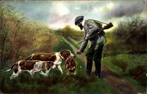 Künstler Ak Jagdhunde mit erlegten Hasen, Jäger