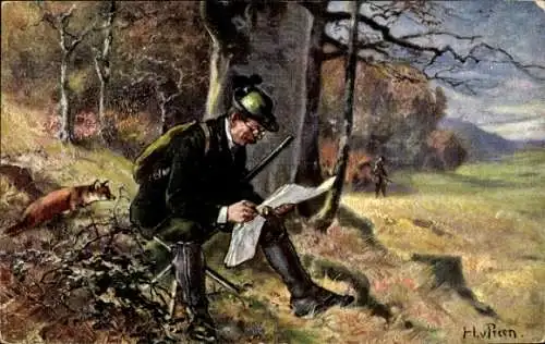 Künstler Ak Jäger liest Zeitung, Fuchs