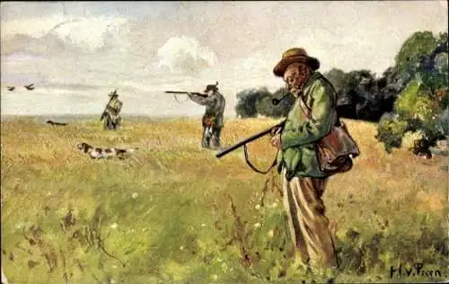 Künstler Ak Jagdszene, Jäger, Wiese, Jagdhunde