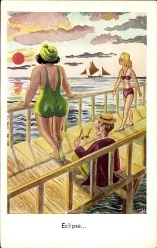 Künstler Ak Eclipse, Frauen in Badekleidung, Sonnenuntergang