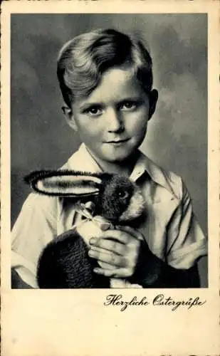 Ak Ostern, Junge mit Plüschhase
