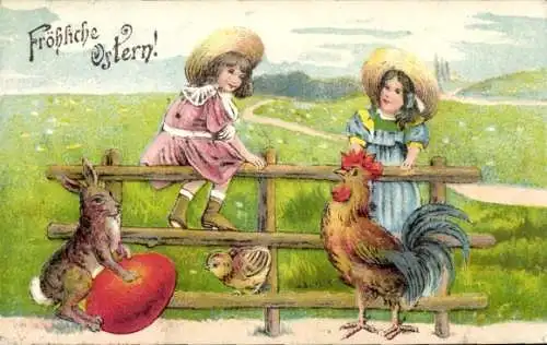 Ak Glückwunsch Ostern, Zwei Mädchen, Osterhase mit Osterei, Hahn, Küken