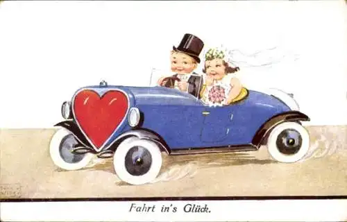 Künstler Ak Wills, John, Fahrt ins Glück, Hochzeitspaar im Automobil