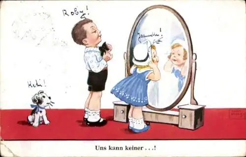 Künstler Ak Wills, John, Junge und Mädchen vor einem Spiegel, Hund