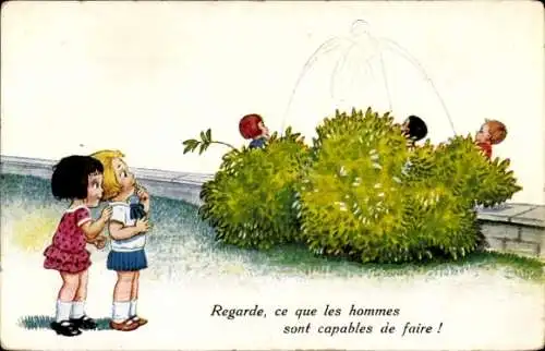 Künstler Ak Scheuermann, Willi, Jungen pinkeln hinter einem Gebüsch