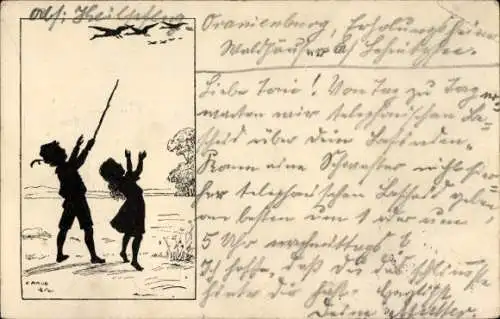 Scherenschnitt Künstler Ak Kinder bewundern Vögel im Flug