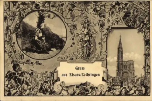 Passepartout Ak Strasbourg Straßburg Elsass Bas Rhin, Dom, Frauen in Tracht
