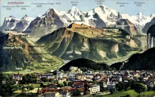 Ak Interlaken Kanton Bern Schweiz, Gesamtansicht, Mönch, Eiger, Jungfrau, Breithorn