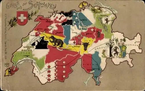 Landkarten Litho Schweiz, Basel, Zürich, Graubünden, Vaud, Wappen