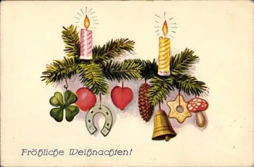 Ak Glückwunsch Weihnachten, Tannenzweige, Kerzen, Hufeisen, Glücksklee, Pilz