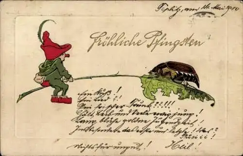 Präge Ak Frohe Pfingsten, Zwerg, Maikäfer auf einem Blatt