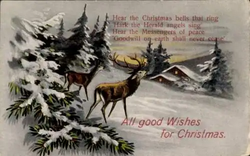 Ak Frohe Weihnachten, Winterlandschaft, Hirsche, Gedicht