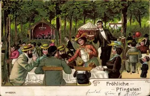 Präge Litho Glückwunsch Pfingsten, Menschen im Restaurant, Fest