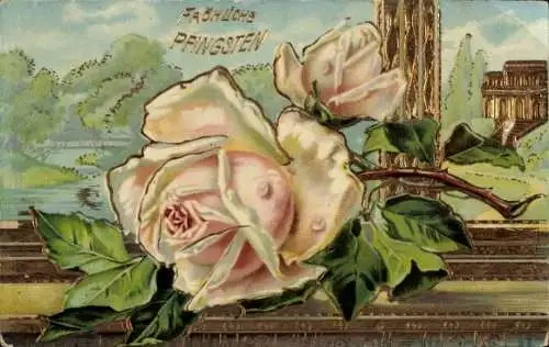 Präge Ak Glückwunsch Pfingsten, Blühende Rose